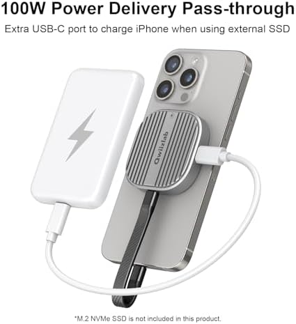 Qwiizlab Magnetic NVMe SSD Enclosure for i Phone 16/15 Pro Max – 10 Gbps USB Type-C Adapter with Kickstand, Supports PCIe M.2 M-Key up to 2 TB, Durable Aluminum Case with 100 W PD Charging Capability – Ultimate Storage Solution for Creatives and Professionals