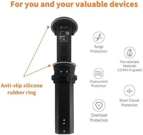 ZESHAN Sleek Pop-Up Power Outlet with 15 W Wireless Charging Station – Dual US Outlets, USB A & USB C PD Fast Charging Ports for Effortless Connectivity at Home or Office – Ideal for Conference Tables and Kitchen Counters, Modern Black Finish