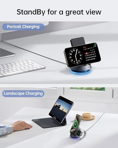 Revolutionary 3-in-1 Wireless Charging Station for Apple Devices – Fast Charging Hub for i Phone 15, 14, 13, 12, 11 Pro Max Plus, Apple Watch Series 1-9/Ultra, and Air Pods with Adjustable RGB Lighting and Rotating Design for Optimal Convenience and Enhanced Compatibility