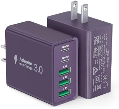 50 W Dual Type C Fast Charging Power Adapter 2-Pack – High-Performance USB-C Charger for i Phone, Samsung, i Pad, and Nintendo Switch – 5-Port Multi-Device Charger for Home and Travel – Compact, Safe, and Reliable Charging Solution