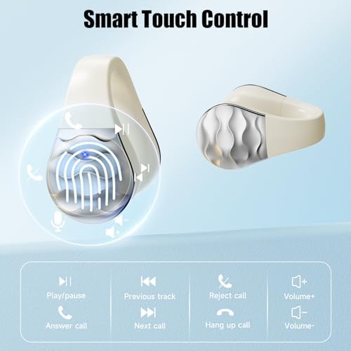 Elevate Your Fitness Journey with aigo Wireless Open Ear Earbuds – Ultra-Lightweight Bluetooth Clip-On Headphones for Active Lifestyles, Enhanced Situational Awareness, Built-In Mic for Hands-Free Calls, and Convenient Wireless Charging in Chic Off White Design – Perfect for Runners, Gym Enthusiasts, and Outdoor Workouts