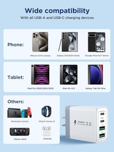 Aioneus 40 W USB C Fast Charging Block – 4-Port Dual PD & QC Wall Charger for i Phone 11-16, i Pad & Samsung Devices – Compact, High-Performance Power Adapter with Enhanced Safety Features for Home & Travel