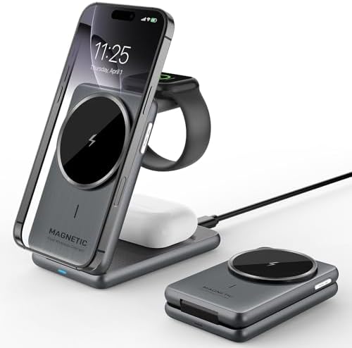 3-in-1 Magnetic Wireless Charger for i Phone 16/15/14 Series, Air Pods Pro 2, and Apple Watch – Foldable Travel Charging Station with Enhanced Compatibility and Speed for Multiple Devices on the Go – Ideal Gift for Apple Users