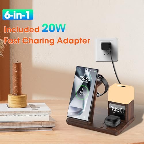 Ultimate 6-in-1 Wireless Charging Station for Samsung & Android: Fast Charger with Alarm Clock & Night Light for Galaxy S25 Ultra, S24, S23, and Samsung Watch7 – Space-Saving Design, Enhanced Compatibility, and Sleek Black Finish for Modern Living
