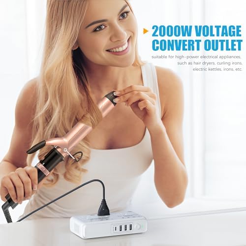 High-Power 2000 W Voltage Transformer Adapter – Premium 220 V to 110 V Travel Converter for High-Watt Hair Dryers and Electronics – Universal Plug Compatibility for US, EU, UK, and Italy – Efficient Fast Charging Solution for Global Travelers and Versatile Power Access