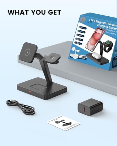 Joy Geek 3-in-1 Foldable Wireless Charging Station for Mag-Safe i Phone – Ultimate Travel Dock for i Phone 12-16 Pro Max, Apple Watch Series 4-10, and Air Pods Pro 2/3/4 – Fast, Compact, and Convenient Power Solution for On-the-Go Charging