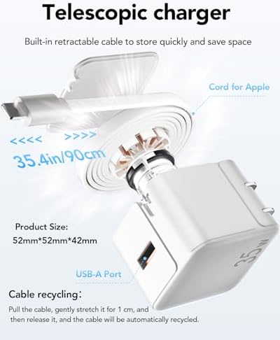 Revolutionary 35 W PD Fast Charging Retractable Wall Charger with Built-in Type-C Cable & USB Port – Ultra-Compact, Foldable Design Ideal for i Phone 16/15, Galaxy S25, and Pixel Devices – Unmatched Portability and Device Safety for Dynamic Lifestyles