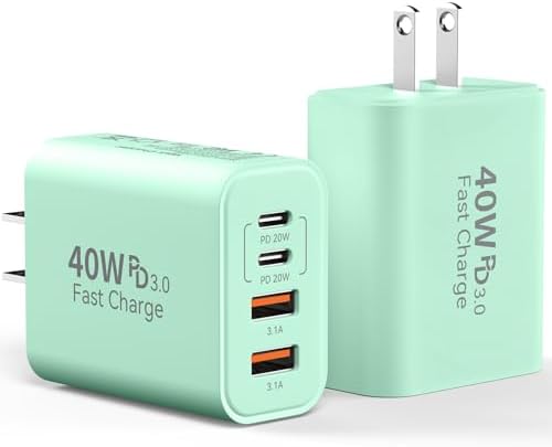 40 W USB C Charger Block – Dual Pack of 4-Port Fast Charging Power Bricks with PD & QC 3.0 Technology for i Phone 16/15/14/13/12/11 Pro Max, i Pad, Galaxy, Pixel – Sleek White & Blue Design for Convenient Multi-Device Charging