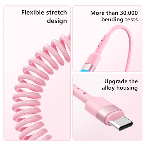 2-Pack Retractable Coiled USB-C to Lightning Charger Cable for i Phone – MFi Certified Fast Charging Solution for i Phone 14/13/12/11 SE/Xr & i Pad – 4 Ft Pink Car Play Cable for Uber and On-the-Go Syncing – Durable, Tangle-Free Design for Ultimate Portability and Efficiency
