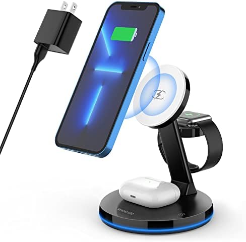 Weetla Magnetic 3-in-1 Wireless Charging Station – Rapid Charge for i Phone 13/12 Series, Apple Watch 7/6/SE/5/4/3/2, and Air Pods Pro/2 – Includes QC 3.0 Adapter for Optimal Efficiency – Compact Design Ideal for Home, Office, and Travel – Stylish Solution to Eliminate Cord Clutter with Long-Lasting Durability