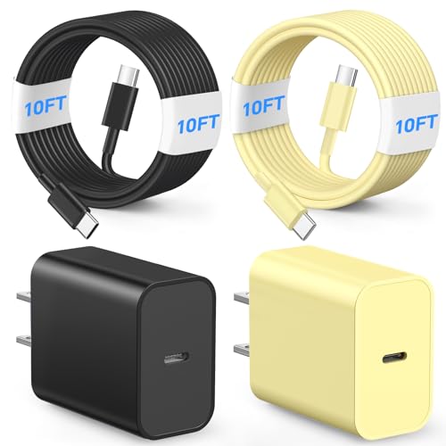 Fast Charging i Phone Charger Set – 20 W Dual USB-C Blocks with 10 FT Long Cable for i Phone 16/15, Samsung Galaxy S25/S24/S23/S22, i Pad, Mac Book, and More – Stylish Black/Yellow Design for Enhanced Convenience and Speed