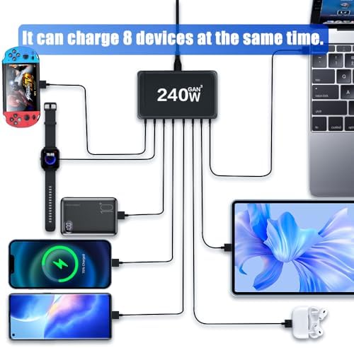SITONG 240 W Ga N III Multi-Port USB-C Charging Hub – 8-Port Wall Charger with 100 W Fast Power Delivery for Mac Book Pro/Air, i Phone 15-11, Galaxy S24/S23 – Ultimate Travel and Home Efficiency with Smart Charging Technology