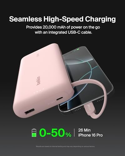 Belkin 10,000 m Ah Portable Charger – Fast Charge Power Bank with Integrated Cable for i Phone 16, i Pad Pro, Galaxy S25 – 20 W USB-C Power Delivery – Lightweight Pink Design for Ultimate Portability and Versatile Compatibility