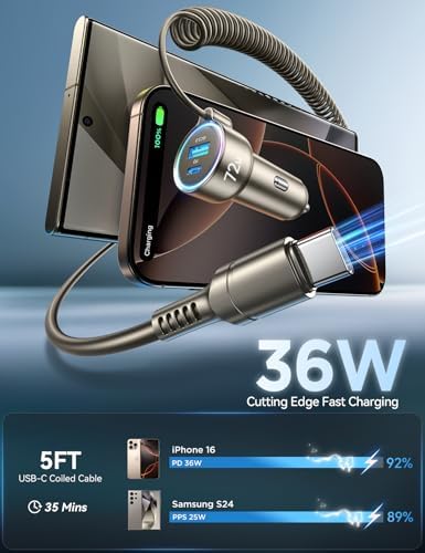 Ultimate 72 W USB-C Car Charger for i Phone 16/15 – Rapid 36 W Super Fast Charging Coiled Cable Included, Multi-Device Compatibility for Samsung S24/S23/S22, Pixel, and i Pad Pro – Compact Design for On-the-Go Power Solutions