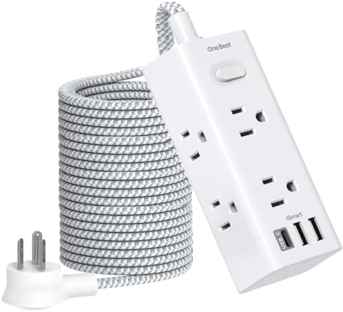 25 Ft Heavy-Duty Extension Cord with Surge Protection – One Beat Flat Plug Power Strip Featuring 6 Outlets & 3 USB Ports (Including USB-C) for Ultimate Device Connectivity in Home, Office, or Dorm Room – Enhanced Flexibility and Rapid Charging Solution