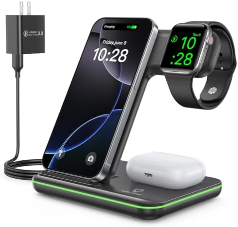 WAITIEE 3-in-1 Wireless Charging Station for i Phone, Apple Watch & Air Pods – Fast, Stylish Blue Charger with Enhanced Compatibility for i Phone 16, 15, 14, 13, 12, 11, X, 8 & Air Pods Pro – Ultimate Travel-Friendly Charging Solution with Safety Features