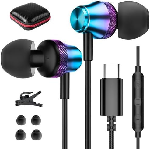 Premium USB C Noise-Canceling Earbuds for Samsung Galaxy & Pixel Devices – Stylish Purple-Blue In-Ear Headphones with Built-In Microphone for Superior Audio Clarity and Comfortable All-Day Wear