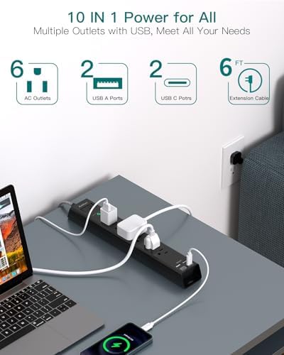 Ultimate Surge Protector Power Strip – Versatile 6-Outlet Extension Cord with 4 USB Ports (2 USB-C) and Flat Plug Design for Space Saving, Overload Protection, and Wall Mount Capability – 5 ft Length for Home, Office, or Dorm Room Efficiency and Safety