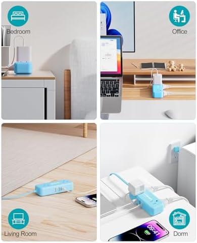 Sleek Flat Plug Power Strip with 5 Ft Extension Cord – 4 AC Outlets & 3 Fast-Charging USB Ports (5 V/3.4 A) – Compact Travel-Friendly Power Solution for College Dorms, Home Offices, and On-the-Go Charging – Maximize Space and Connectivity