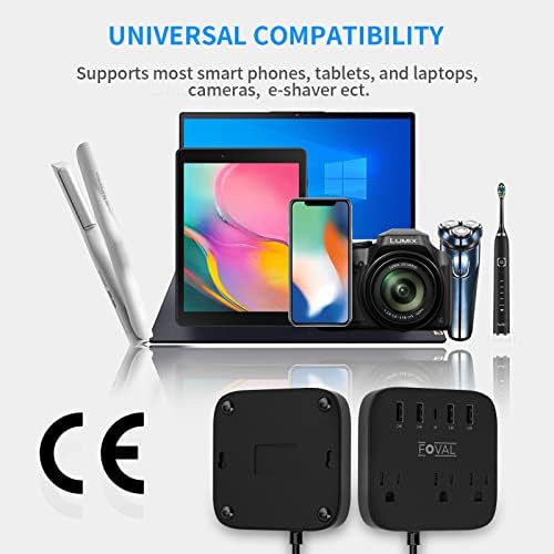FOVAL European Travel Plug Adapter with 4 USB Ports and 3 AC Outlets – Compact Wall-Mount Power Strip with 5 ft Extension Cord for Ultimate Travel Convenience and Home Office Versatility (Black)