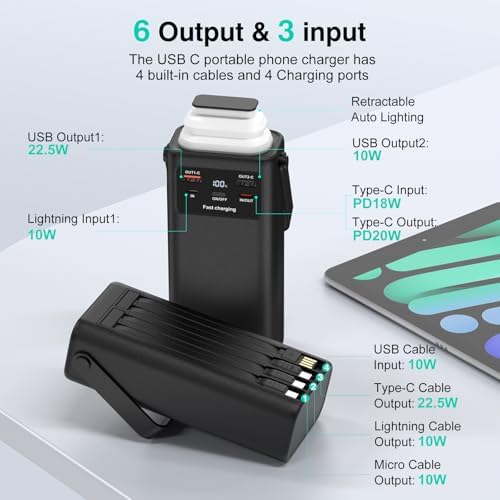 Massive 40,000 m Ah Multi-Device Power Bank with Integrated Cables – Advanced PD 22.5 W Fast Charge Portable Charger with Smart LED Display and Retractable Emergency Light for Ultimate Travel Convenience – Compatible with i Phone 16 Series, Samsung Galaxy S24 to S20, Google Pixel, and More – Charge Up to 6 Devices Simultaneously with Cutting-Edge Safety Features and Intelligent Power Management Solutions for On-the-Go Efficiency