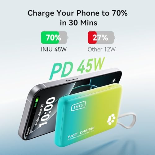 INIU Paw Go 10,000 m Ah Portable Charger – 45 W Fast Charging Power Bank with Built-in USB-C Cable in Vibrant Tropic Punch – Essential Travel Companion for i Phone 16/15 Pro Max & Samsung S25/S24 – Sleek, Lightweight Design for Effortless On-the-Go Power Solutions