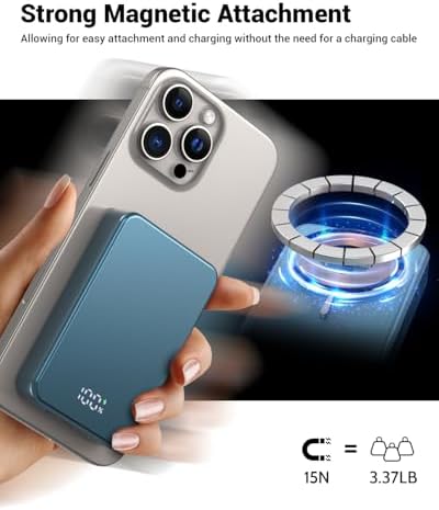 26800 m Ah Magnetic Power Bank – Premium Aluminum Alloy Portable Charger with 20 W USB-C Fast Charging for i Phone 12-16 Series, Sleek Silvery Gray, Effortless Wireless Charging for On-the-Go Power Solutions