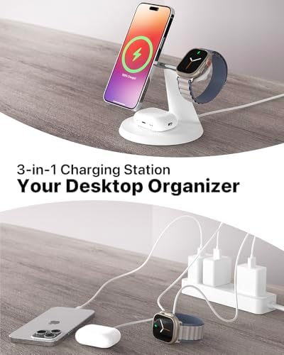 Revolutionize Your Charging Routine with Our 3-in-1 Wireless Charging Station for Apple Devices – Fast Mag Safe Charger for i Phone Models 12-16, Apple Watch, and Air Pods – Compact Design with Enhanced Stability, Overcharge Protection, and Effortless Organization