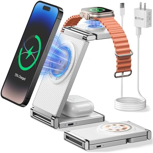 Revolutionize Your Charging Routine with the Ultimate 3-in-1 Mag-Safe Travel Dock: Lightning-Fast Wireless Charger for i Phone 15/14/13/12, Apple Watch & Air Pods – Compact, Magnetic Power Hub for Effortless On-the-Go Connectivity
