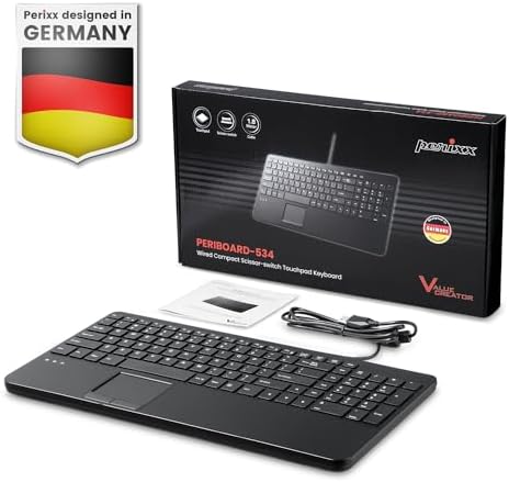 Compact USB Keyboard with Touchpad – Perixx PERIBOARD-534 for Enhanced Productivity, Scissor Key Comfort, and Built-in USB Hubs – Ergonomic Design for Home and Office Use, Space-Saving Dimensions of 15.63 x 7.80 x 1.18 inches – Seamless Navigation with Integrated Touchpad and Number Pad for Effortless Computing