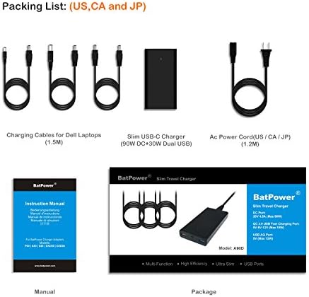 Slim 120 W Bat Power A90 D Replacement Charger for Dell Laptops – Fast USB QC Charger for Inspiron, Latitude, XPS, Mini, Precision, Studio, Vostro – Portable Power Supply with Enhanced Compatibility and Safety Features