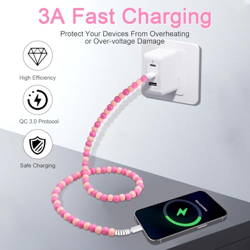 Coolden 66 W Fast Charging Cable for i Phone & i Pad – 2 M Stylish Pink USB-C to Lightning Beaded Charger – Durable, Efficient, and Compatible with i Phone 14/13/12/11 Pro Max, XR, XS, i Pad Pro/Air/Mini – Perfect for Everyday Use and Travel