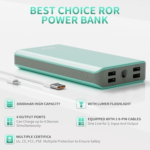 BONAI 30000 m Ah Portable Power Bank – High-Capacity External Charger with Dual USB Outputs, Built-in Flashlight & 8-Pin Cables for Fast Charging on the Go – Ideal for i Phone, Android, and i Pad Users – Reliable Power Solution for Travel and Daily Use in Green