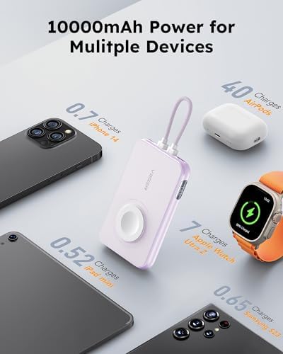 VEGER 10,000 m Ah Portable Charger with Removable Cable – PD 20 W Fast Charging Power Bank for i Phone 15/14/13 Pro Max, Samsung, and Apple Watch – Ultra-Lightweight Travel Accessory in Stylish Purple – Unmatched Compatibility and Speed for On-the-Go Charging