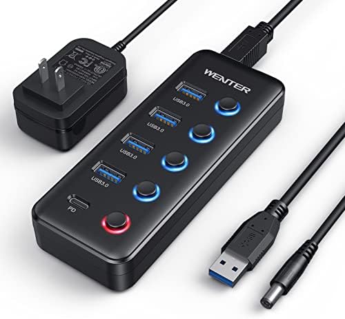 Maximize Your Connectivity with the Wenter 5-Port USB 3.0 Hub – Fast Data Transfer and Type-C Charging Hub for Mac & PC, Featuring Individual LED Switches for Power Management and Enhanced Performance