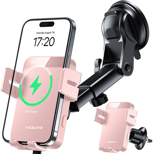 MOKPR Wireless Car Charger, 15W Auto Clamping Car Charger Dash Windshield Air Vent Phone Holder Compatible with iPhone 16 15 14/13/13 Pro/12 pro/12/11/X/8, Samsung S24/S23/S22 – Enhanced Compatibility and Speed