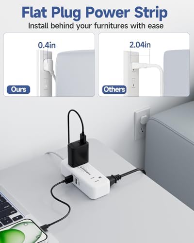 Sleek Flat Plug Power Strip with 5 Ft Extension Cord – 4 AC Outlets & 3 Fast-Charging USB Ports (5 V/3.4 A) – Compact Travel-Friendly Power Solution for College Dorms, Home Offices, and On-the-Go Charging – Maximize Space and Connectivity