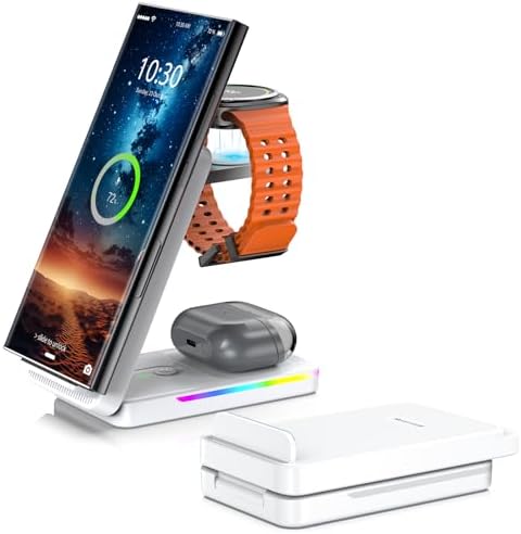 Ultimate 3-in-1 Wireless Charging Station for Samsung & i Phone – Foldable Travel Charger for Galaxy S24 Ultra/S23/S22/Note 20 & i Phone 16 Pro Max, Compatible with Galaxy Watch & Buds – Fast, Safe & Sleek Design for On-the-Go Power Solutions