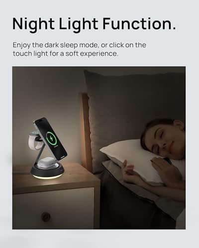 SODI 3-in-1 Magnetic Wireless Charging Station with Ambient Light – 15 W Fast Charger for i Phone 16, 15, 14, 13, 12 Pro/Max, Air Pods & Apple Watch – Sleek Design for Effortless Device Organization and Enhanced Charging Efficiency
