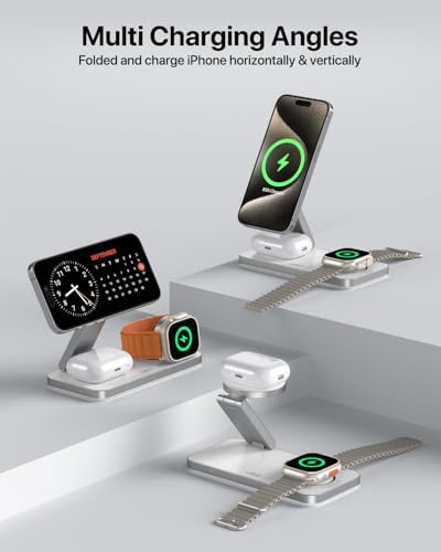 Versatile Foldable 3-in-1 Wireless Charging Station for Apple Devices – Mag Safe Compatible Charging Dock for i Phone 16, 15, 14, 13, 12, Air Pods Pro, and Apple Watch Ultra – Fast, Efficient, and Compact Design in Sleek White Finish