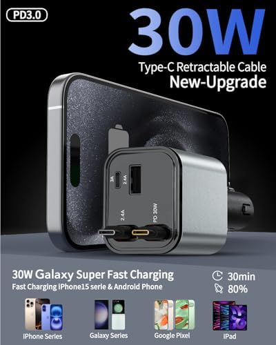 Ultimate 3-in-1 Retractable Car Charger – 50 W Fast Charging Solution with Type C Cable & USB Port for i Phone 16/15/14/13/12/11, Galaxy & Pixel Devices – Tangle-Free Convenience for On-the-Go Power Management