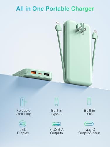 Ultra-Fast Portable Phone Charger with 12000 m Ah Capacity – All-in-One Power Bank with Integrated Cables, Wall Plug, and LED Display for i Phone, i Pad, Samsung – Essential Travel Companion for Uninterrupted Connectivity