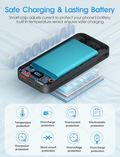 Ultra-Compact 12000 m Ah Power Bank with Built-in Charging Cables & AC Plug – 20 W PD Fast Charging for i Phone, Samsung, Android, USB-C Devices – Travel-Friendly External Battery Pack in Purple – Unmatched Portability and Efficiency for On-the-Go Charging Solutions