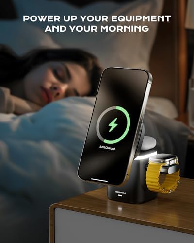 Ultimate 3-in-1 Magnetic Wireless Charging Station for i Phone, Apple Watch & Air Pods – Fast 65 W Travel Charger with Mag Safe Compatibility, Compact Design for Effortless Portability and Seamless Device Management