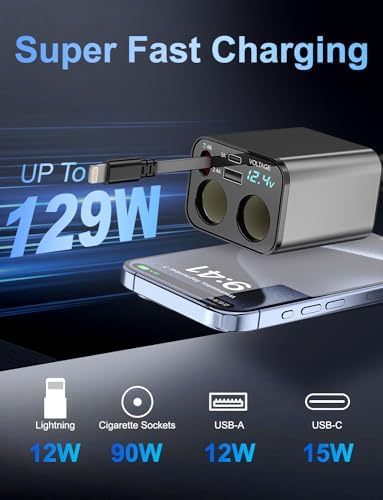 Ultimate 5-in-1 Retractable Car Charger – Fast Charging Dual-Socket Adapter with USB-A & USB-C Ports for i Phone 16/15, Galaxy, i Pad, GPS & Dash Cam – Tangle-Free Design for Multi-Device Power on the Go