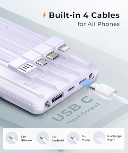 Ultra-Fast Portable Charger with Built-In Cables & LED Display – 10000 m Ah Power Bank for Multiple Devices, 22.5 W Super Speed Charging, Slim Design for Travel & Emergency Use – Compatible with i Phone 16/15/14/13/12, Samsung Galaxy, Google Pixel & More (Purple) – Ultimate Convenience & Safety Features