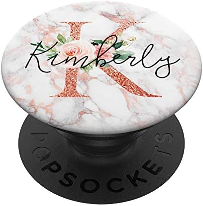 Kimberly Personalized ‘K’ Initial Rose Pink Marble Pop Grip – Custom Floral Phone Holder for Enhanced Device Stability and Style – Versatile Swappable Accessory for Effortless Handling and Chic Aesthetic