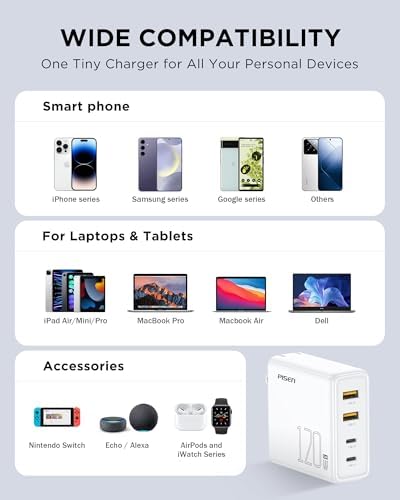 PISEN 65 W Ga N USB-C Fast Charger | 4-Port Compact Wall Adapter with 4 FT Cable | Ultimate Charging Solution for Mac Book Pro, i Pad Pro, Galaxy S23 & i Phone Series | Enhanced Speed, Energy Efficiency & Travel-Friendly Design