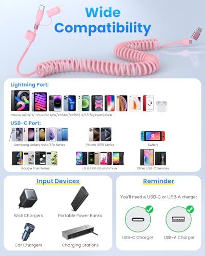 4-in-1 Retractable Lightning & USB-C Charging Cable – 60 W Fast Charge Compatible with i Phone 6-16, Perfect for Car Play and On-the-Go Power Solutions, Durable Coiled Design, 4 FT Tangle-Free Cable for Effortless Charging and Ultimate Convenience in Black