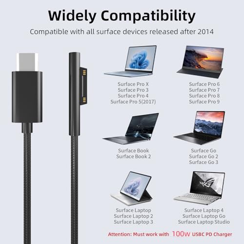 Ultimate 6 FT PD100 W USB-C Charger Cable for Microsoft Surface Devices – Compatible with Surface Pro Models 10/9/8/7+/7/6/5/4/3/X & Surface Laptop 6/5/4/3/2/1 – High-Speed 65 W/45 W Power Delivery, Durable Design for Efficient Charging & Data Transfer